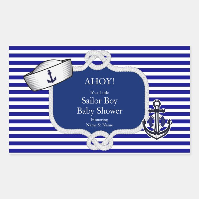 Sticker Rectangulaire Baby shower marin Casquette Boy Blue Stripe (Devant)