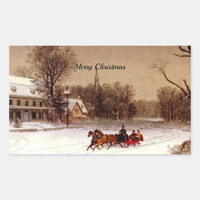Sticker Rectangulaire Balade de Noël à l'ancienne, Scène d'hiver (Devant)