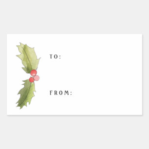Sticker Rectangulaire Balise cadeau de Noël Watercolor Holly et Berries