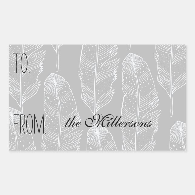 Sticker Rectangulaire Balise cadeau Gris et Plumes blanches (Devant)