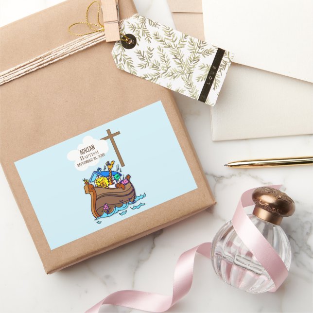 Sticker Rectangulaire Baptême Arche du garçon Noah, mignons animaux Pers (Cadeaux)