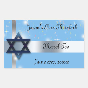 Sticker Rectangulaire Bar Mitzvah, Etoile de David, Bleu et Argent