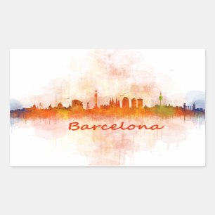 Sticker Rectangulaire Barcelone Skyline watercolor v04