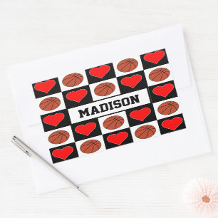 Sticker Rectangulaire Basketballs & Coeurs Joueur Personnalisé Nom Sport