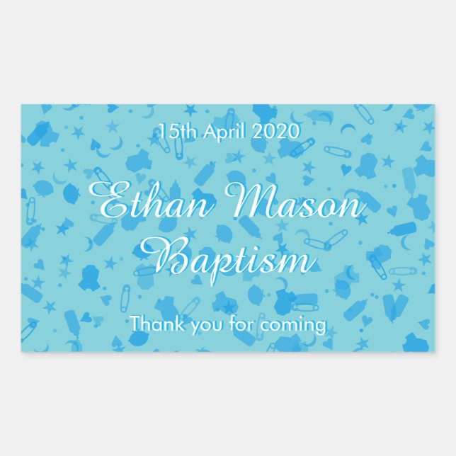 Sticker Rectangulaire Bébé Bleu Confetti Baptême Christening Favoriser (Devant)