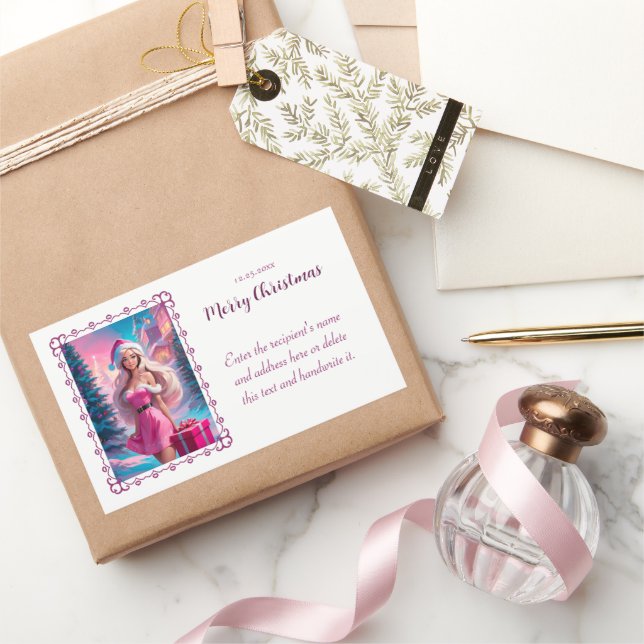Sticker Rectangulaire Belle fille de Noël rose 01 (Cadeaux)