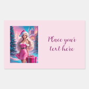 Sticker Rectangulaire Belle fille de Noël rose 01