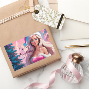 Sticker Rectangulaire Belle fille de Noël rose 01