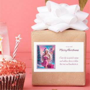 Sticker Rectangulaire Belle fille de Noël rose 01