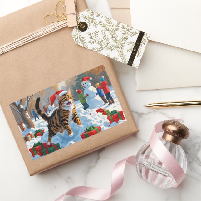 Sticker Rectangulaire Bengale Chat Noël Festive Scène de neige (Cadeaux)
