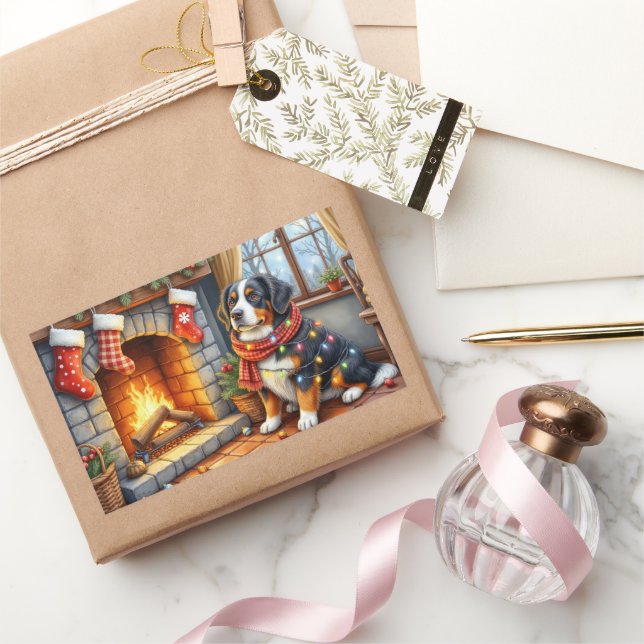 Sticker Rectangulaire Bernese Mountain Fireplace with Christmas Lights (Cadeaux)