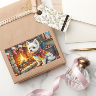 Sticker Rectangulaire Bichon Frise Cheminée avec Lumières de Noël