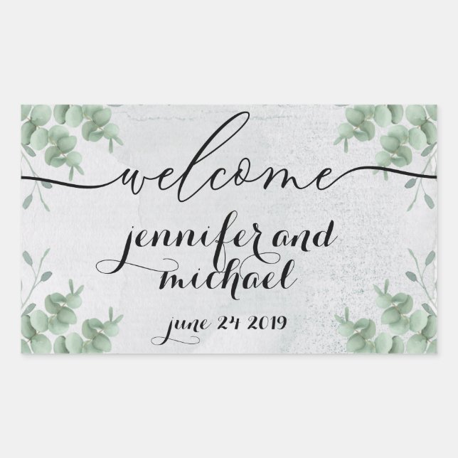 Sticker Rectangulaire Bienvenue Calligraphie Eucalyptus Botanical Green (Devant)