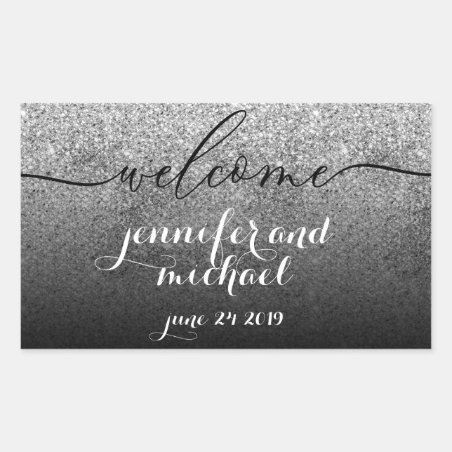 Sticker Rectangulaire Bienvenue Calligraphie Parties scintillant Argent (Devant)