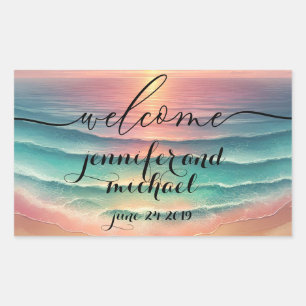 Sticker Rectangulaire Bienvenue Ocean Beach Aquarelle Mer Soleil