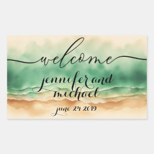 Sticker Rectangulaire Bienvenue Ocean Beach Aquarelle Verdure