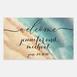 Sticker Rectangulaire Bienvenue Ocean Beach Bleu Aquarelle