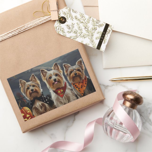 Sticker Rectangulaire Biewer Terrier Halloween Éffrayant (Cadeaux)