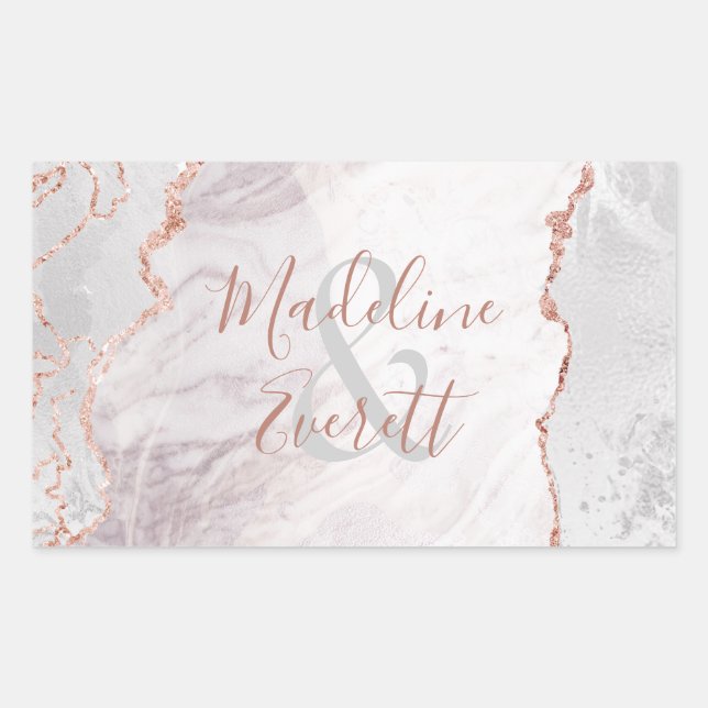 Sticker Rectangulaire Blanc et Rose Or Agate Marbre Monogramme Mariage (Devant)