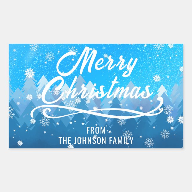 Sticker Rectangulaire Bleu Blanc Neige Paisible Forêt Joyeux Noël (Devant)