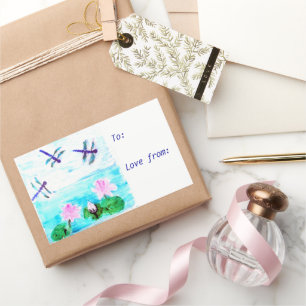 Sticker Rectangulaire Bleu Chic Dragonfly rose Nénuphar Pond