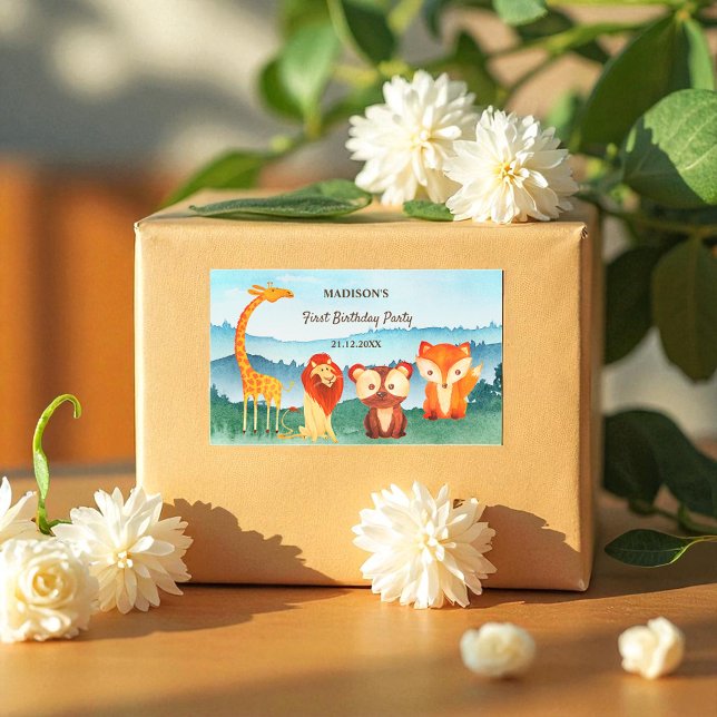 Sticker Rectangulaire Bleu Vert Anniversaire Bois Animaux (Créateur téléchargé)