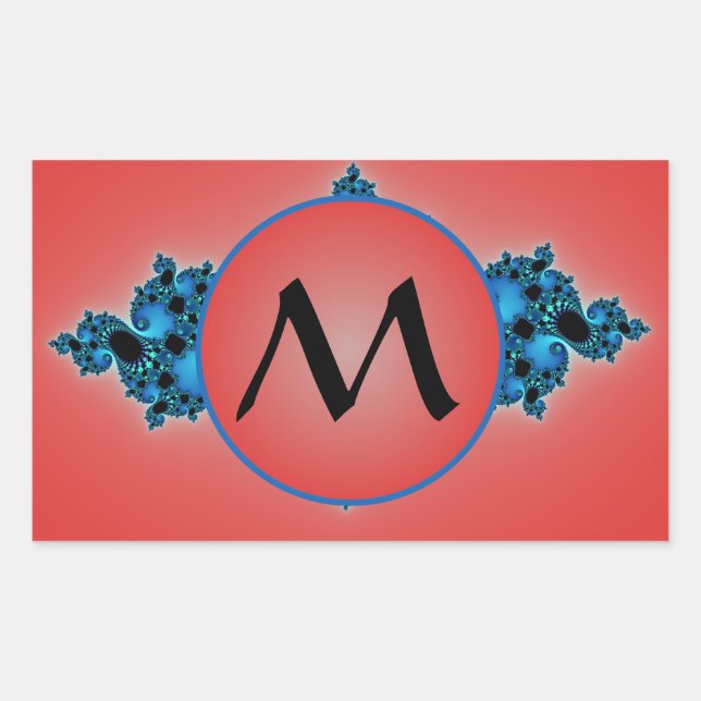 Sticker Rectangulaire Blue Lush, arabesque fractale avec monogramme roug (Devant)