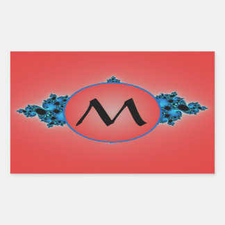 Sticker Rectangulaire Blue Lush, arabesque fractale avec monogramme roug