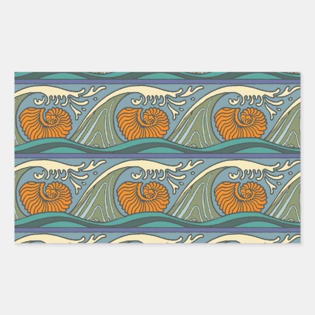 Sticker Rectangulaire Blue Ocean Waves Nautilus Seashell Motif Nouveau (Devant)