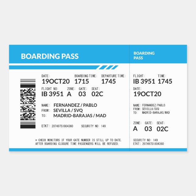 Sticker Rectangulaire Boarding Pass (blue) (Devant)