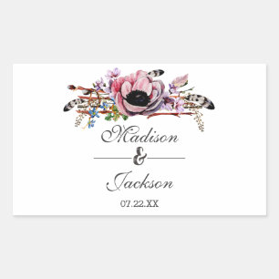 Sticker Rectangulaire Boho Chic Blush Rose Floral Mariage Monogramme