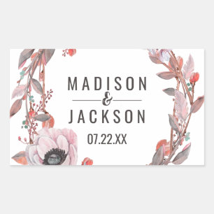 Sticker Rectangulaire Boho Plume Pêcher Floral Wreath Mariage Monogramme