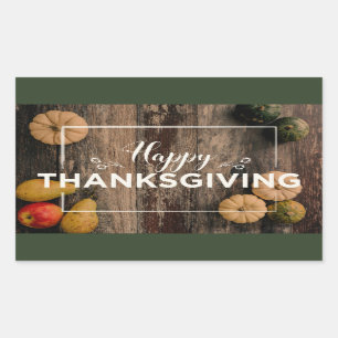 Sticker Rectangulaire Bon thanksgiving Gourds sur bois rustique