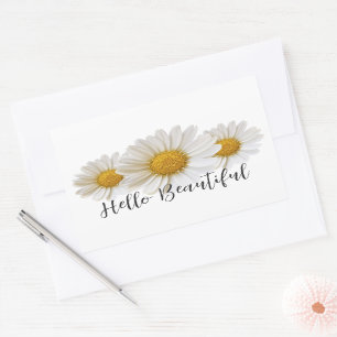 Sticker Rectangulaire Bonjour Belle Trois Blancs Fleurs de marguerites