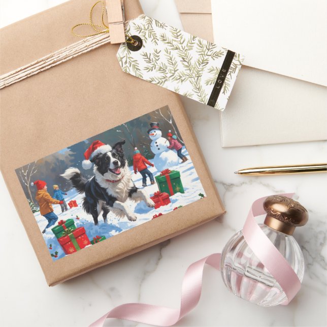 Sticker Rectangulaire Bordure Collie Noël Festive Scène de neige (Cadeaux)