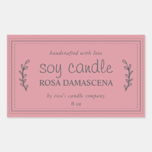 Sticker Rectangulaire Bougie Soja Faite Maison XL Feuillage Rose Poussié
