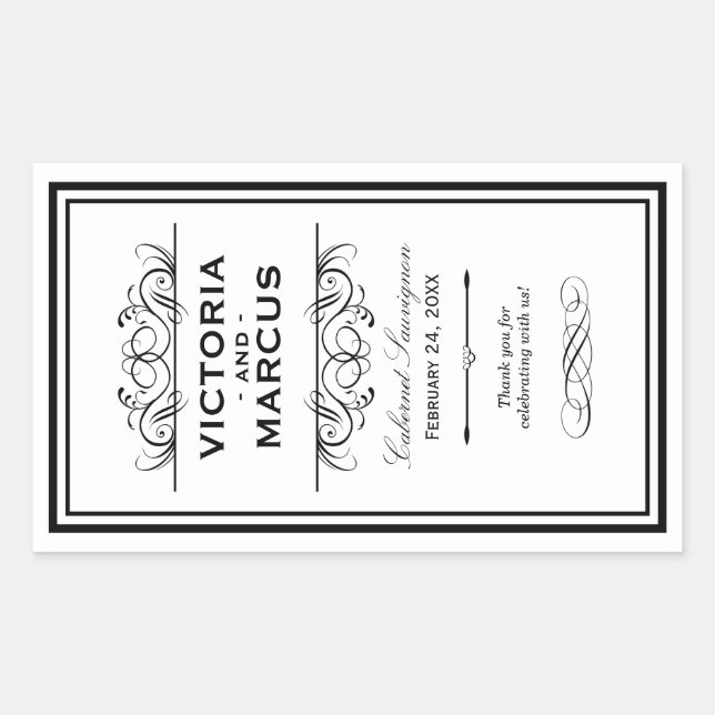 Sticker Rectangulaire Bouteille de vin Mariage noir et blanc Monogramme  (Devant)