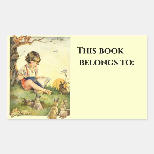 Sticker Rectangulaire Boy reading under tree with rabbits (Devant)