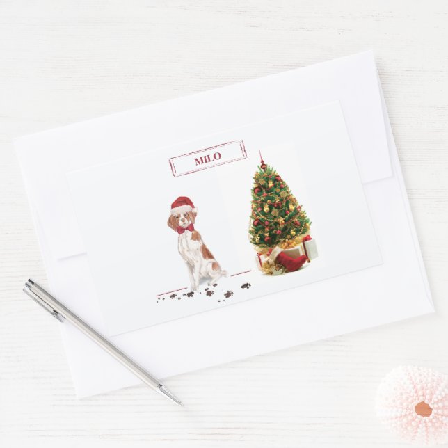 Sticker Rectangulaire Bretagne Funny Christmas Chien et Arbre (Enveloppe)