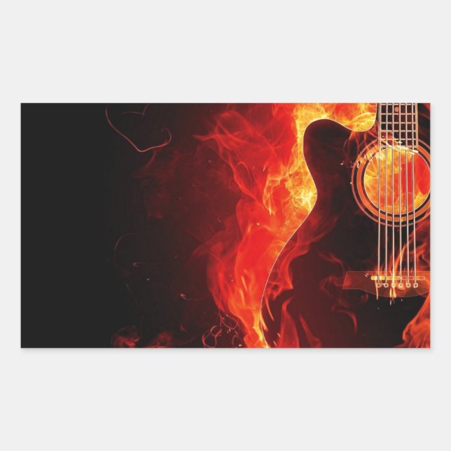 Sticker Rectangulaire Burning Guitar, Orange Flames Music Rock Band (Devant)