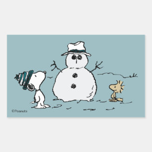 Sticker Rectangulaire cacahuètes Snoopy & Woodstock Build A Snowman