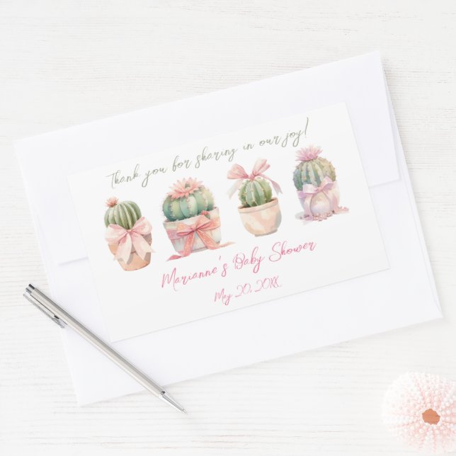 Sticker Rectangulaire Cactus Ruban rose bébé fille Merci douche (Enveloppe)