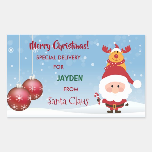 Sticker Rectangulaire Cadeau De Livraison Spéciale Du Père Noël, Rudolph (Devant)