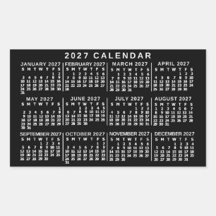 Sticker Rectangulaire Calendrier mensuel de l'année 2027 Classique Noir