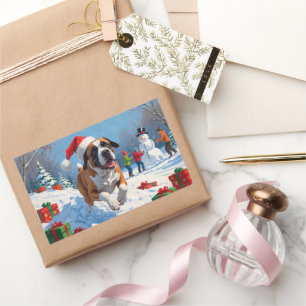 Sticker Rectangulaire Cane Corso coule en neige avec Casquette de Noël