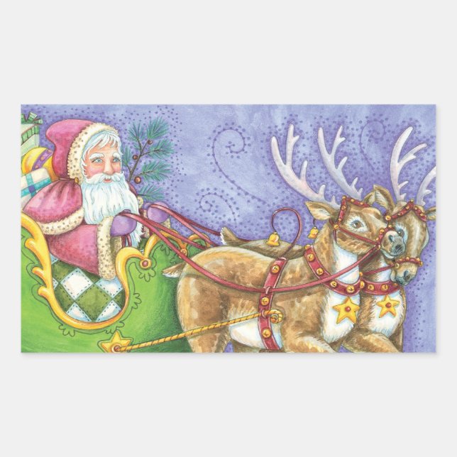 Sticker Rectangulaire Caricature de Noël Santa Claus Sleigh Reindeer (Devant)