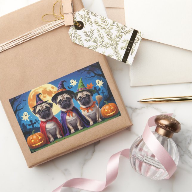Sticker Rectangulaire Carlin chien Citrouille Halloween drôle (Cadeaux)
