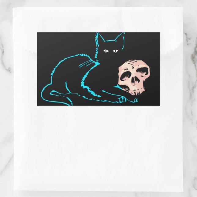 Sticker Rectangulaire Carte blanche Halloween Chat et Crâne noir (Sac)