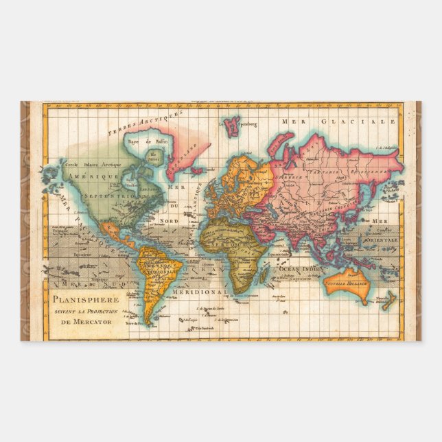 Sticker Rectangulaire Carte du monde 1700s Antique Continents (Devant)