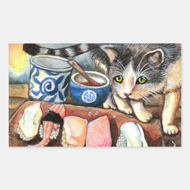 Sticker Rectangulaire Cat Looking at Sushi (Devant)